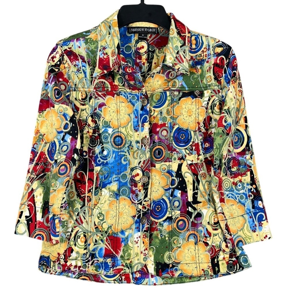Mirror Image Abstract Floral Button Up Jacket Psychedelic Art Print M Womens‎